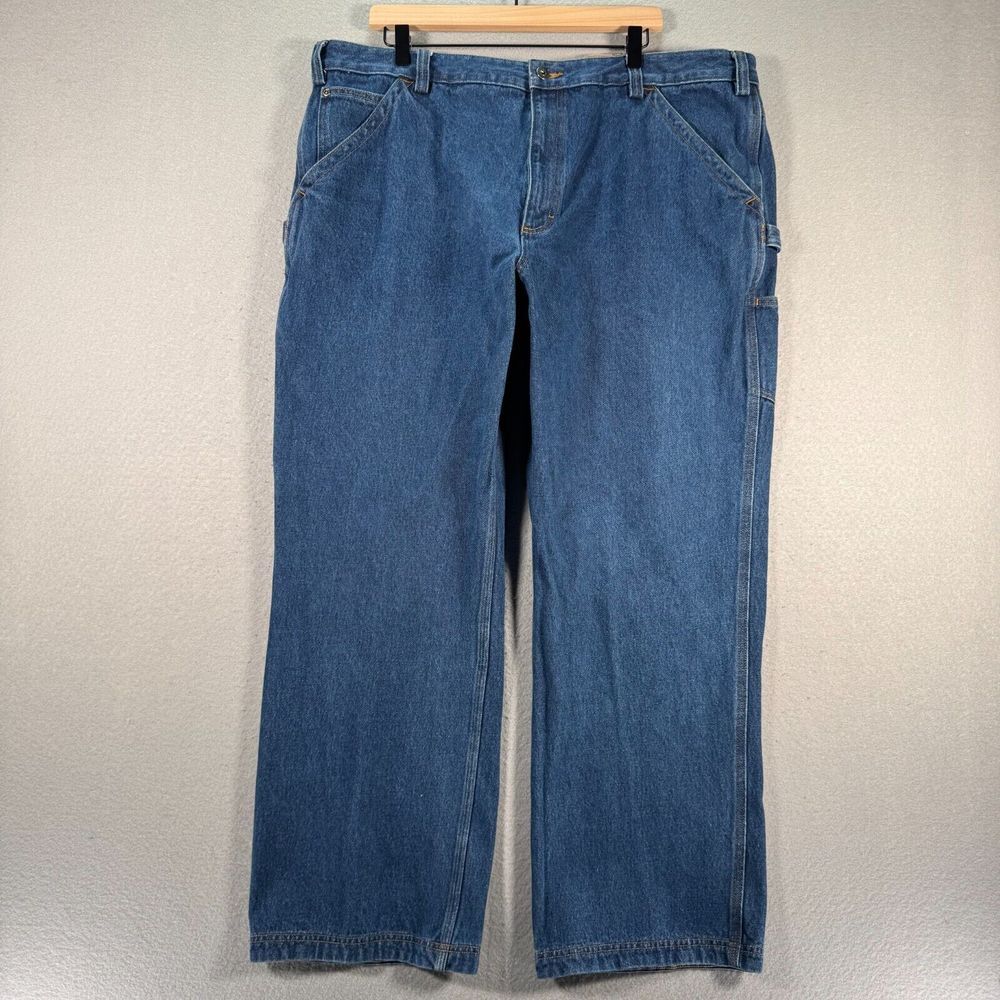 Duluth Trading Co Carpenter Jeans Mens 44x30 Blue Straight Leg Workwear Outdoors
